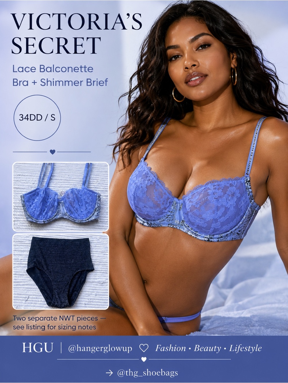 Victoria’s Secret Lace Balconette Bra 34DD + Shimmer Brief S NWT Bundle